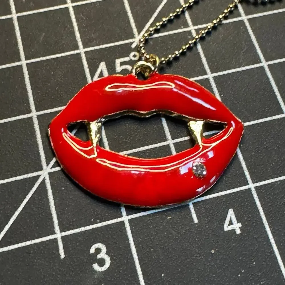 Vampire Lips Fang Necklace Red Enamel Goth Whimsy Halloween Punk Ball Chain